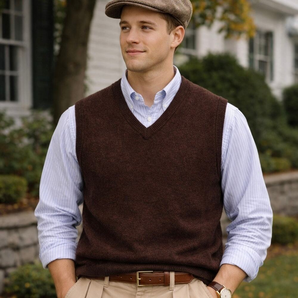Vintage L.L. Bean Made in Scotland 100% Lambswool Vest Brown Size Tall Large